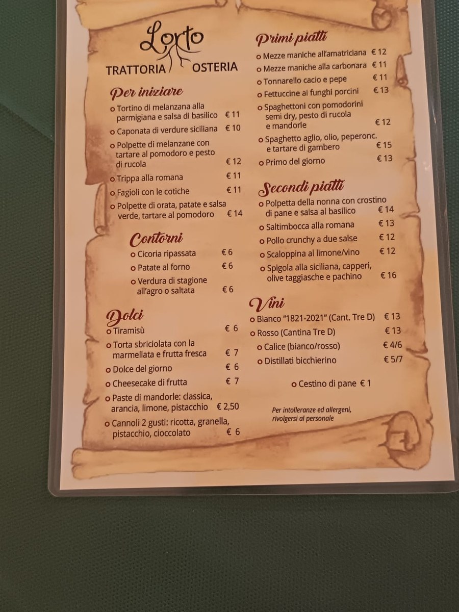 Menu cartaceo di LORTO